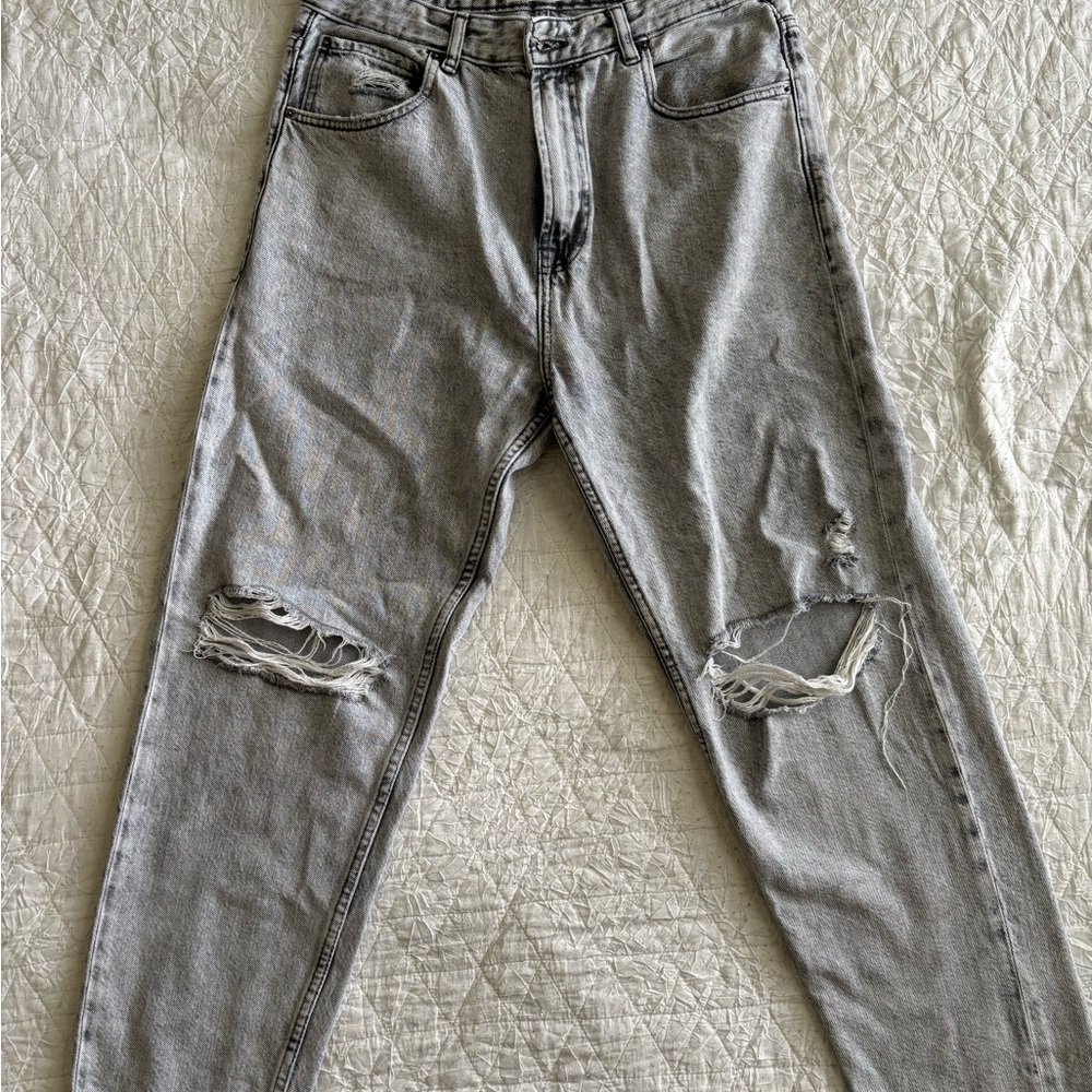Bershka Gray Relaxed Fit Jeans with Distressed Design